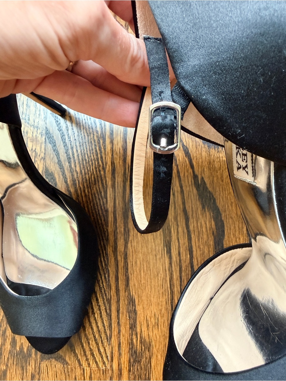 Badgley Mischka Black Satin Crystal Embellished Ankle Strap Heels size 7 - Picture 7 of 12